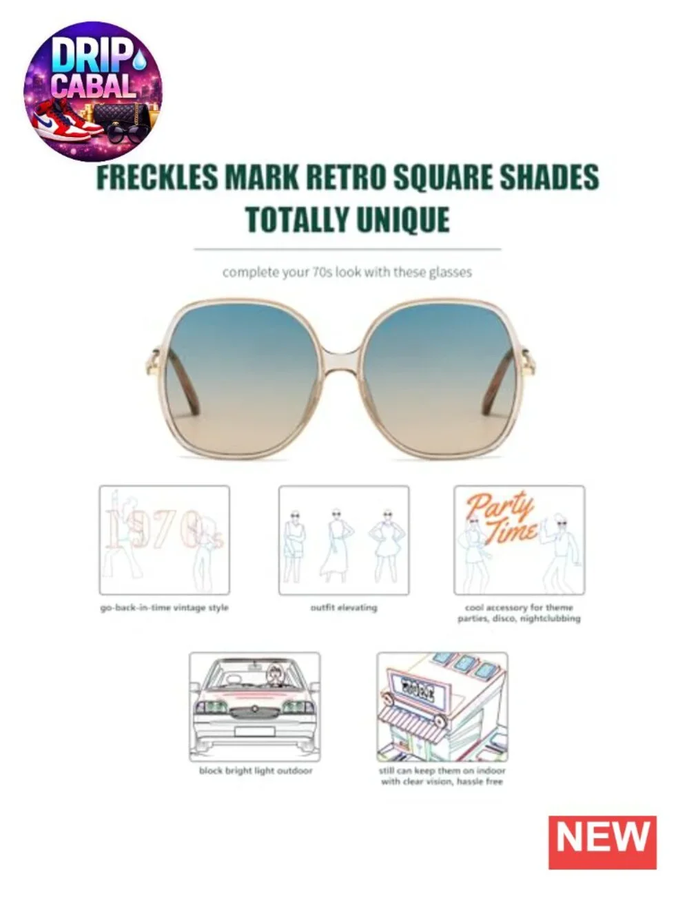 Oversized Square Vintage Sunglasses UV400 Plastic Metal Frame